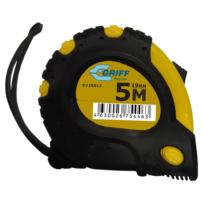 Рулетка 5мх19мм с 3 фиксаторами, в обрезин. корпусе GRIFF
