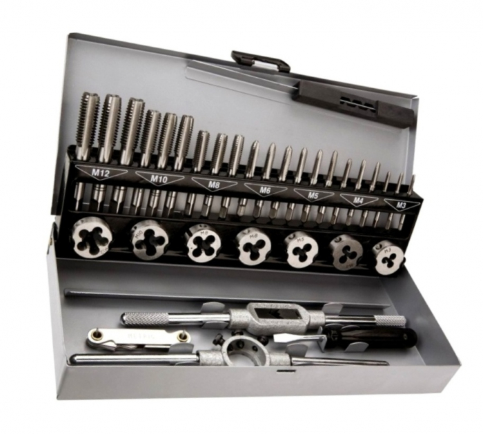 Набор метчиков и плашек М5-М12 (24 шт) в металлической коробке, вороток в комплекте