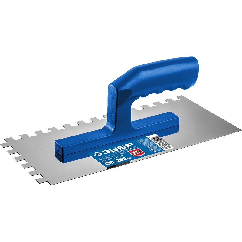 Штукатурная гладилка зубчатая нержавеющая с пластиковой ручкой 130х280 мм 10х10 мм Зубр 0804-10