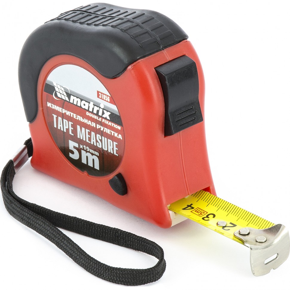 Рулетка Double fixation, 5 м х 19 мм, обрез. корпус, двойная плавная фикс. Matrix