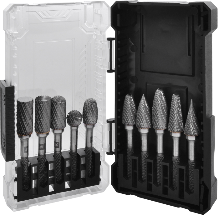Фото Набор борфрез твердосплавных, тип A, B, C, D, E, F, G, H, L, M, 6 мм, двойная насечка, в кейсе, 10 предметов, THORVIK