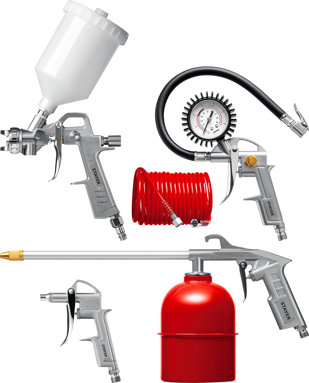 Набор пневматический универсальный: краскораспылитель с верхним бачком, пистолеты, пневмошланг STAYER 5 предметов,06488-H5_z01
