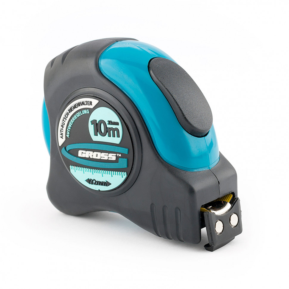 Рулетка "Schlagfest", 10 м x 25 мм, магн. обрез. зацеп, двухст. шкала, авт. фикс. Gross