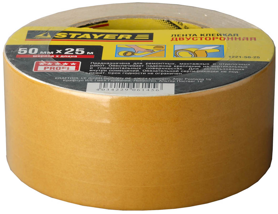 Двусторонняя клейкая лента (скотч) STAYER 1221-50-25 50 мм х 25 м, основа полипропиленовая