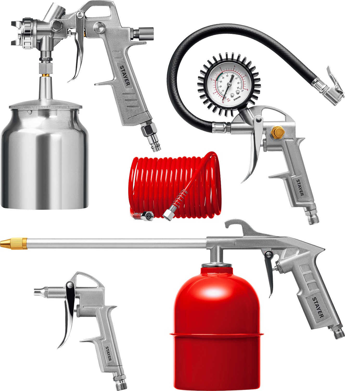 Набор пневматический универсальный: краскораспылитель с нижним бачком, пистолеты, пневмошланг STAYER 5 предметов, 06487-H5_z01
