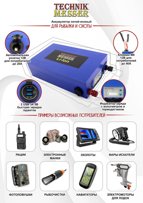 Фото Аккумулятор литий-ионный 12В 108000мАч BMS40A 292х185х82 (вольтметр с термодатчиком, быстрая зарядка 2USB, авторозетка) Messer