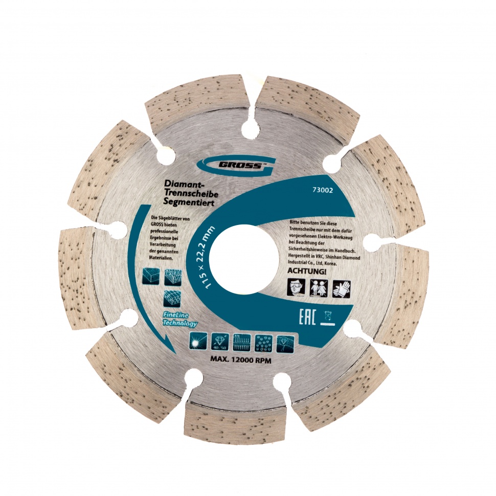 Диск отрезной алмазный 115х22,2 мм, лазерная приварка сегментов, сухая резка Gross
