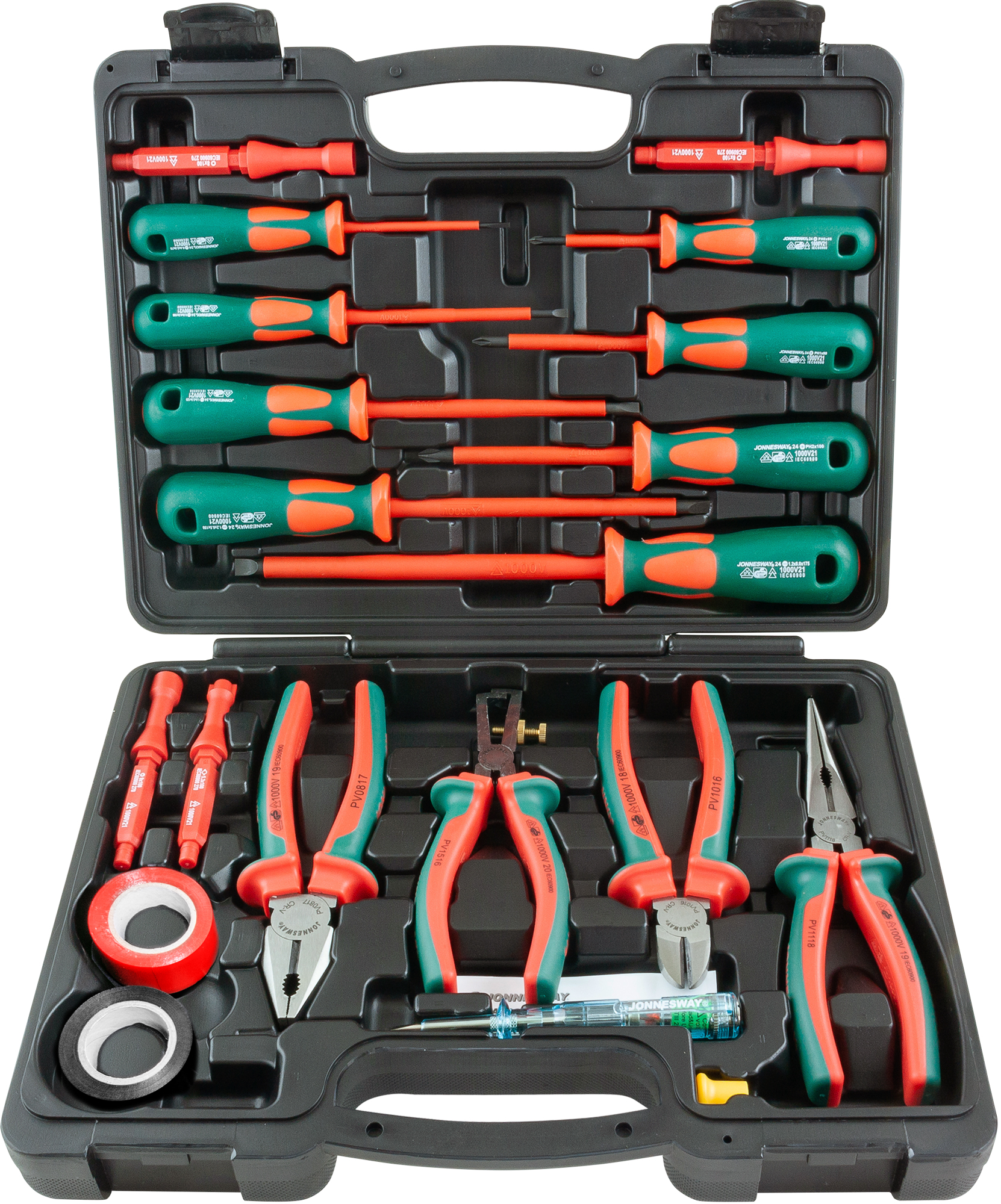 Набор диэлектрический с изолентой, отверток стержневых и шарнирно-губцевого инструмента, 20 предметов, Jonnesway