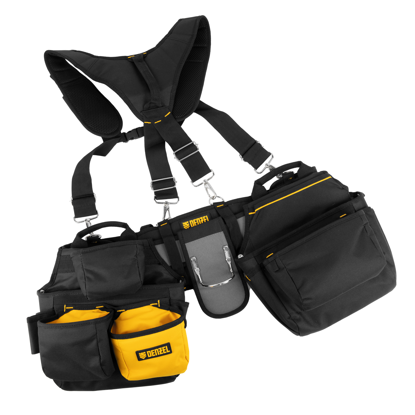 Фото Пояс монтажника усиленный, с лямками, сумки поясные, держатель для молотка Denzel