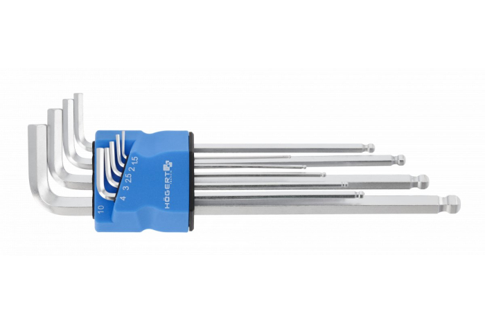 Фото Набор шестигранных Г-образных экстра длинных ключей, с шаровым наконечником 1,5-10 мм, S2, 9 шт. HOEGERT