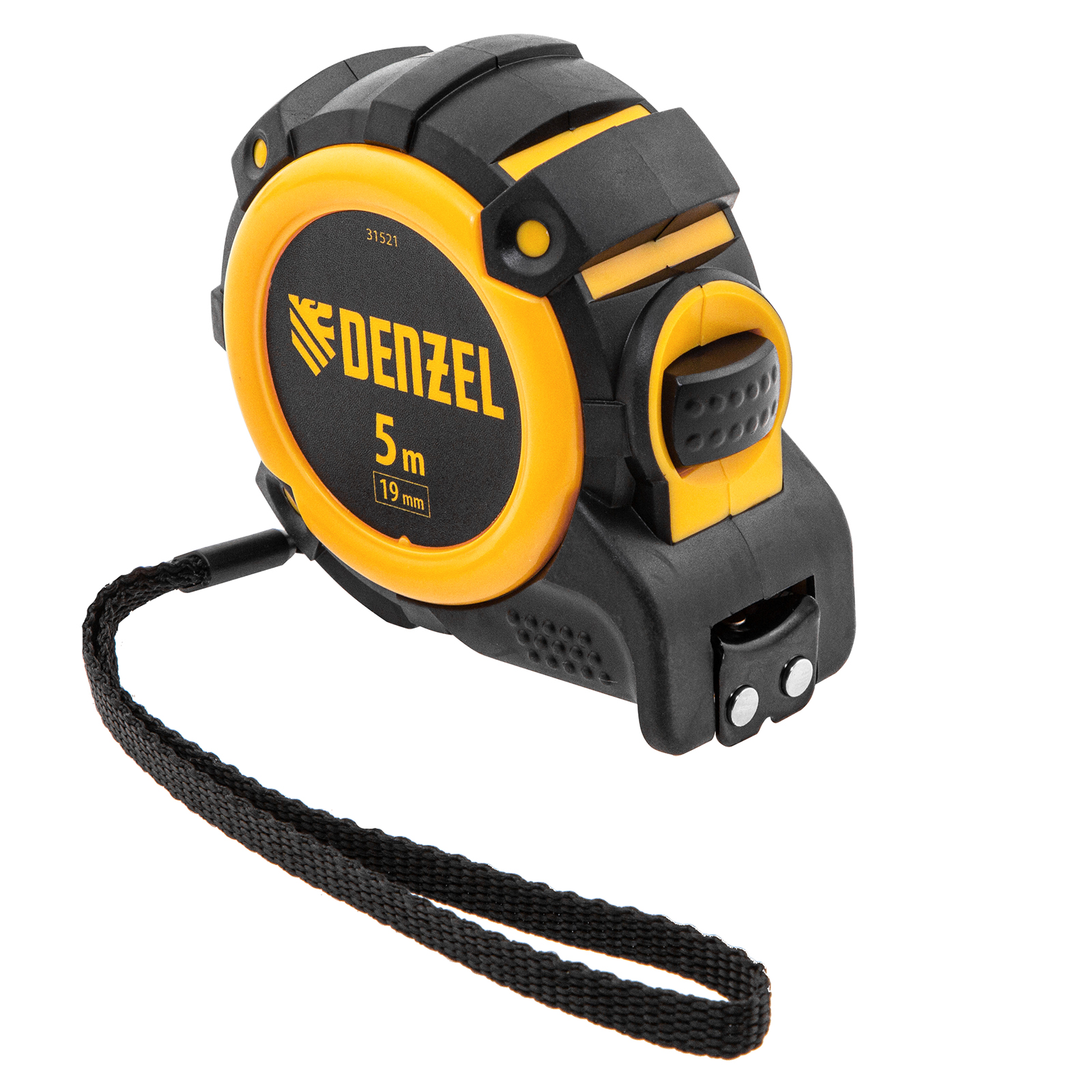 Фото Рулетка 5м х 19мм, автоматич. фиксац., нейлон. покрытие, магнит. зацеп, двухстор. разметка Denzel
