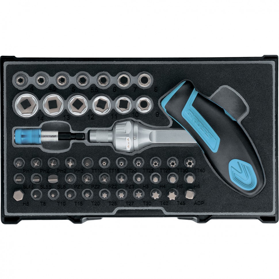 Фото Отвертка реверсивная с двух-позиционной ручкой Т-образной с набором бит, 48 шт, S2 Gross