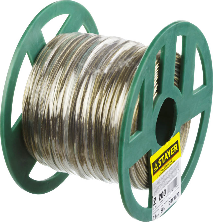 Трос стальной в полимерной оболочке STAYER 2 мм, 200 м,30410-20