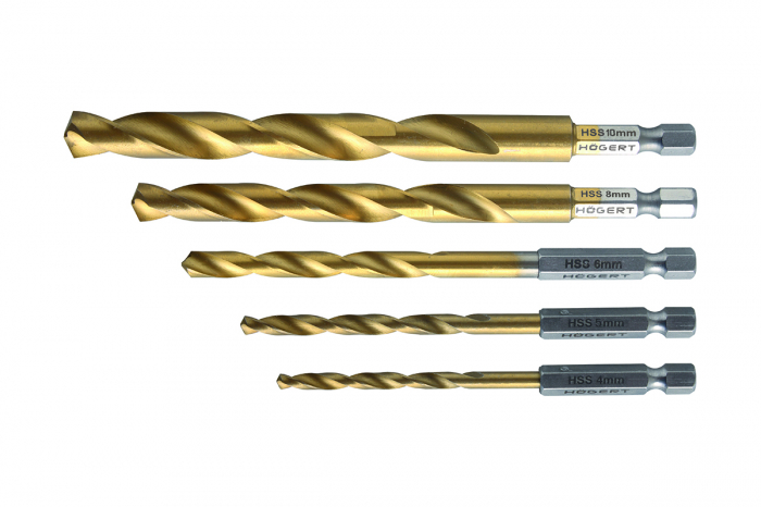 Набор сверл по металлу с шестигранным хвостовиком 1/4'', набор 4, 5, 6, 8, 10 мм, сталь HSS HOEGERT