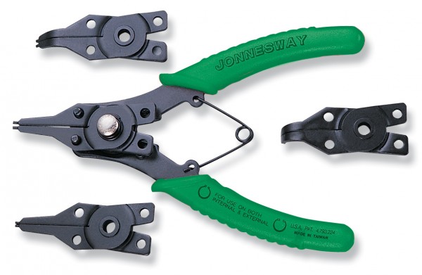 Фото Щипцы универсальные со сменными рабочими частями для стопорных колец в наборе,160 мм, 6-50 мм, 4 предмета, Jonnesway