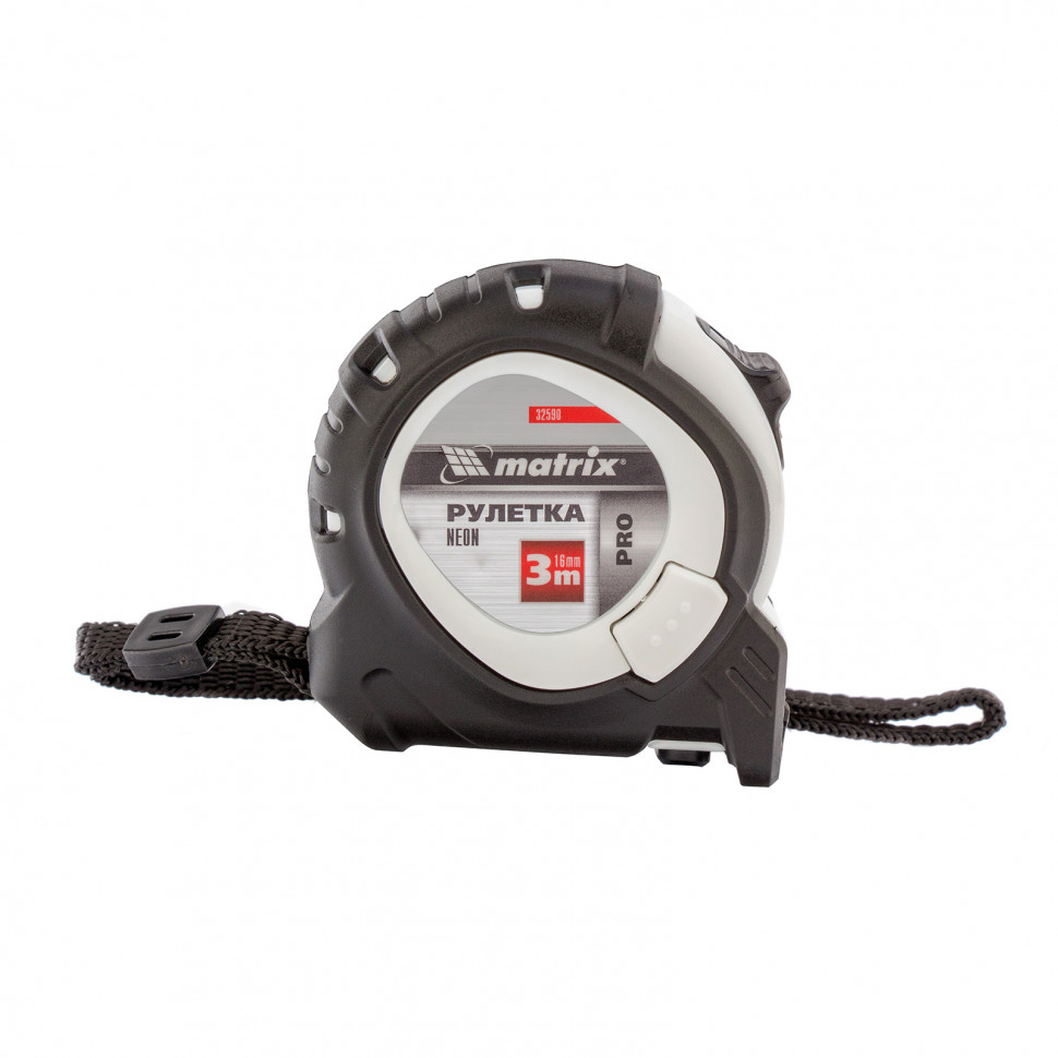 Рулетка Neon, 3 м x 16 мм, обрез. корпус, 3 фиксации, Pro Matrix