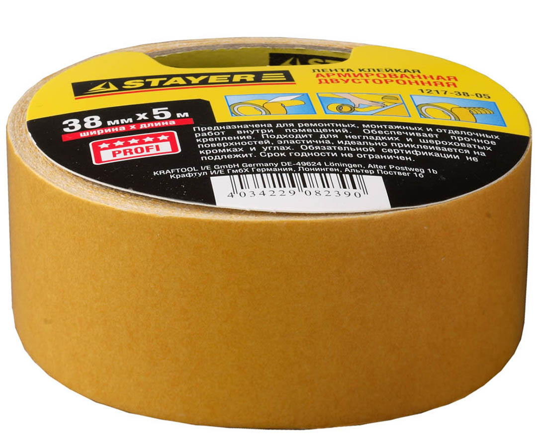 Фото Двусторонняя клейкая лента (скотч) STAYER 1217-38-05 38 мм х 5 м, основа тканевая