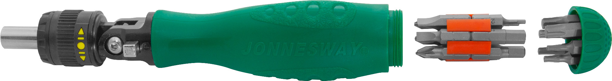 Фото Рукоятка отверточная с шарниром со вставками-битами в наборе, 19 предметов, Jonnesway