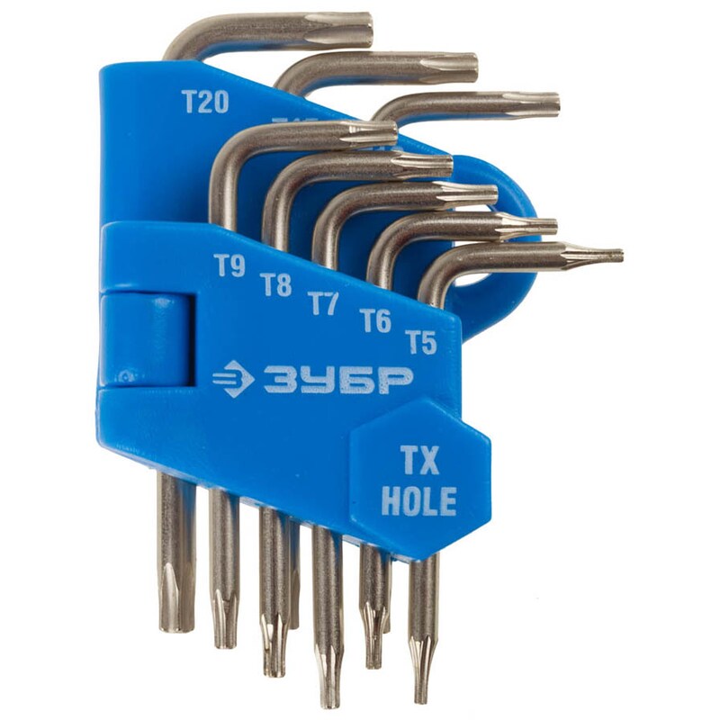 Фото Набор ключей имбусовых для точных работ, Cr-V,TORX Т5-Т20, с отверстием,для защищенного крепежа,8шт Зубр 27477-H8