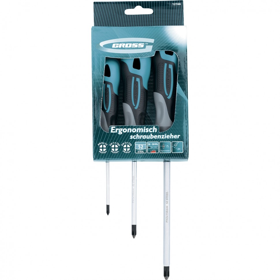 Набор отверток PH, 3 шт, S2, трехкомп. рукоятка Gross