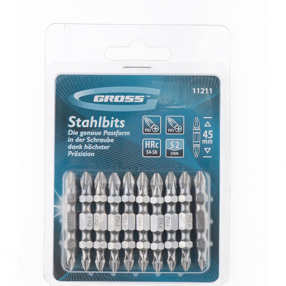 Фото Набор бит двухсторонних, PH2-PH1 х 45 мм, сталь S2, 10 шт. Gross