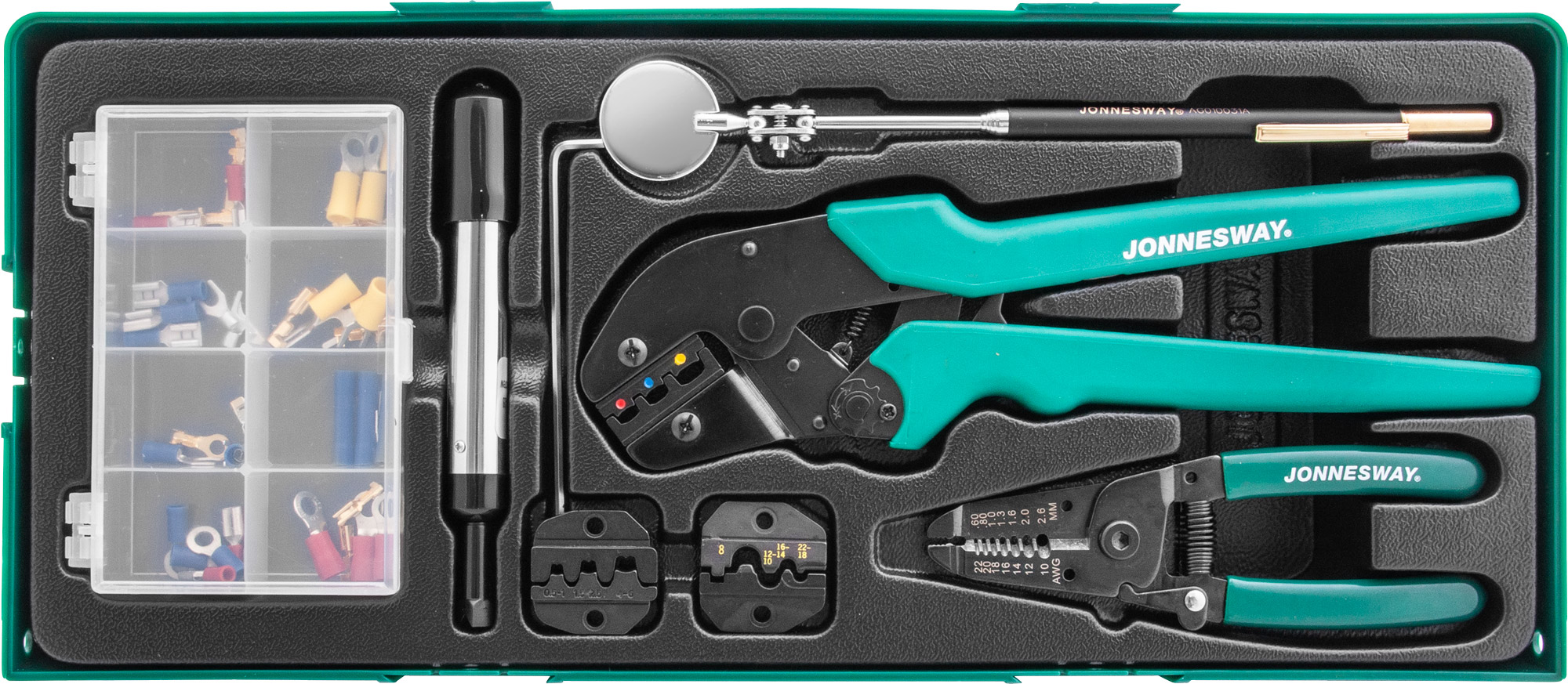 Фото Пресс-клещи обжимные с аксессуарами и расходными материалами в ложементе, Jonnesway