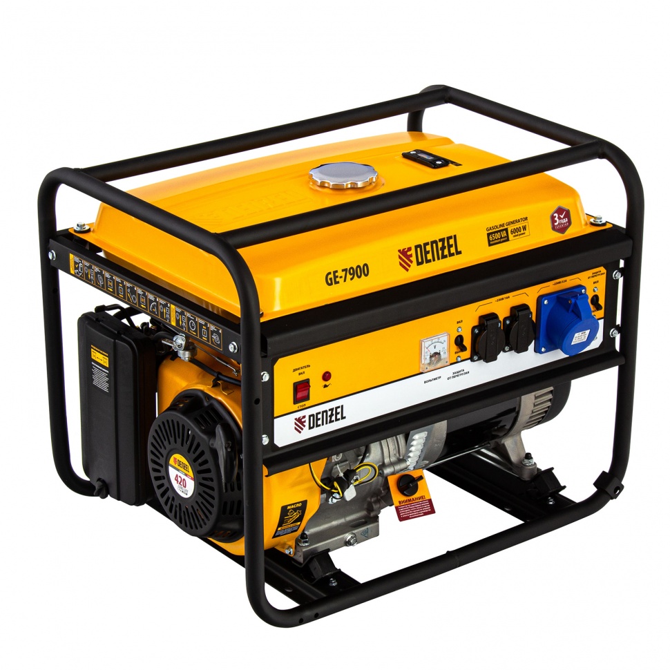 Фото Генератор бензиновый GE 7900, 6.5 кВт, 220 В/50 Гц, 25 л, ручной пуск Denzel