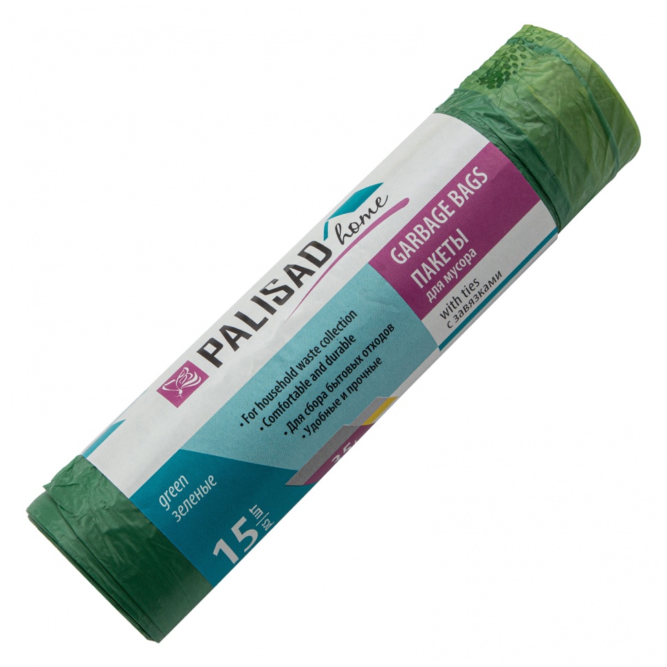 Фото Пакеты для мусора с завязками 35 л x 15 шт., зеленые, Home Palisad