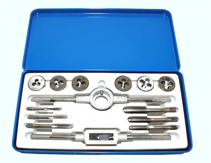 Набор метчиков и плашек М3-М10 (14 шт) в металлической коробке, вороток в комплекте