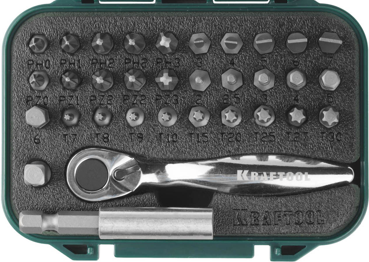 Набор битов с мини-трещоткой KRAFTOOL, 26157-H33 Профессионал 33 шт., Cr-V