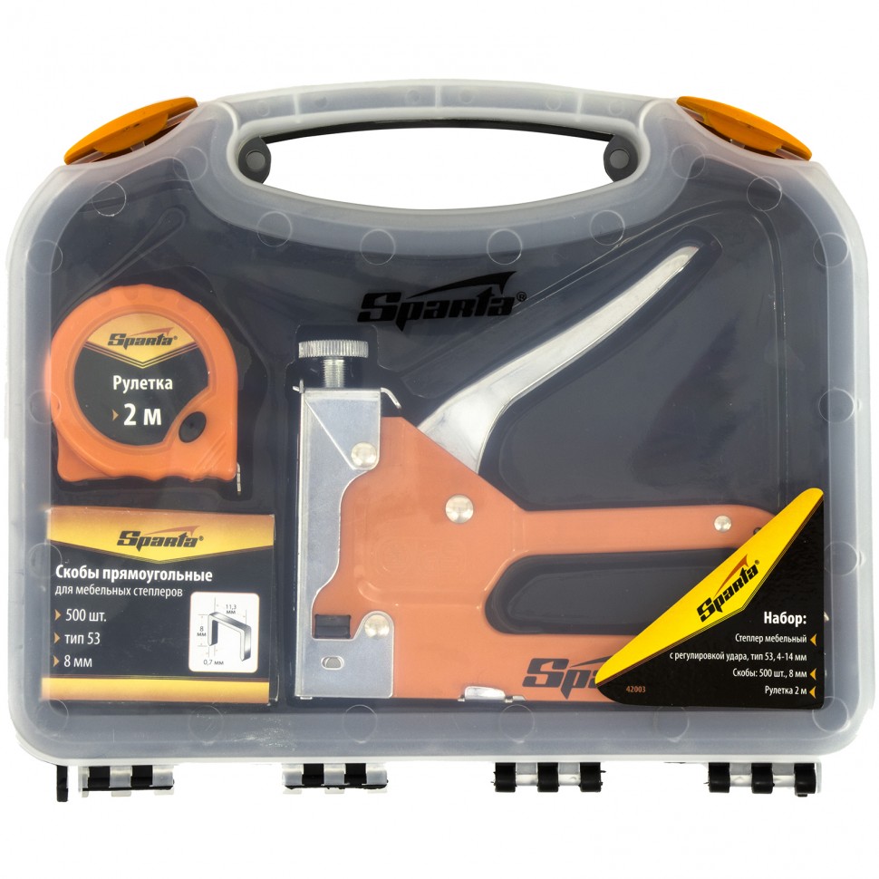 Фото Набор: степлер меб. регулируемый, скобы 500 шт, рулетка 2 м, тип скобы 53, 6-14 мм Sparta
