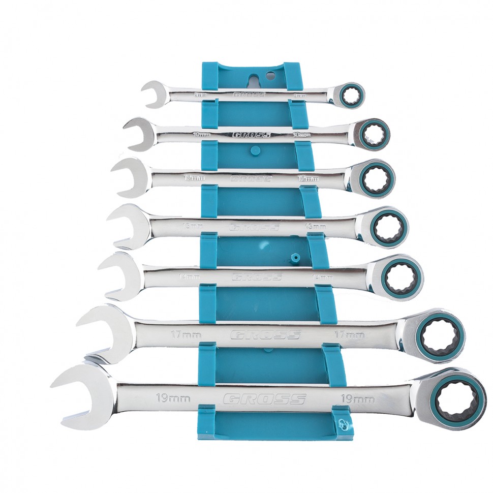 Набор ключей комбинированных с трещоткой, 8-19 мм, 7 шт, CrV Gross
