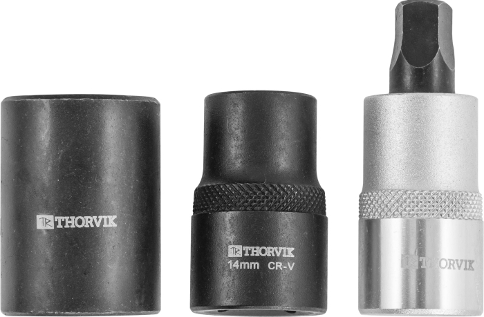 Набор головок торцевых и насадки со вставкой-битой с пятигранным профилем для обслуживания тормозных механизмов 1/2"DR, 3 предмета, THORVIK