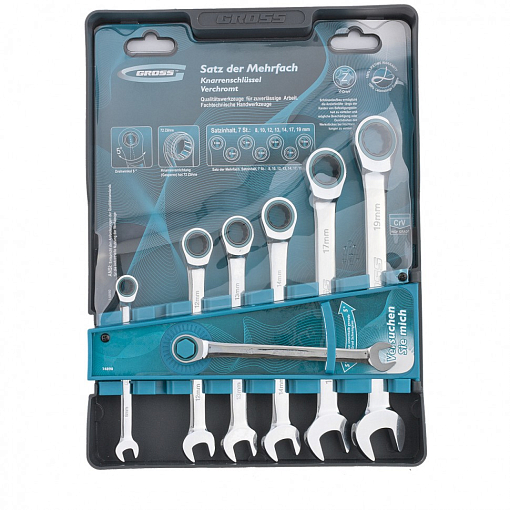 Фото 2 товара Набор ключей комбинированных с трещоткой, 8-19 мм, 7 шт, CrV Gross