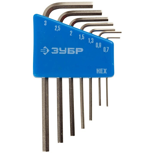 Фото 0 товара Набор ключей имбусовых для точных работ, Cr-V, HEX 0,7, 0,9, 1,3, 1,5, 2, 2,5, 3 мм, 7 шт Зубр 27471-H7