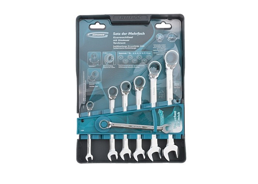 Фото 1 товара Набор ключей комбинированных с трещоткой, 8-19 мм, 7 шт, реверсивные, CrV Gross