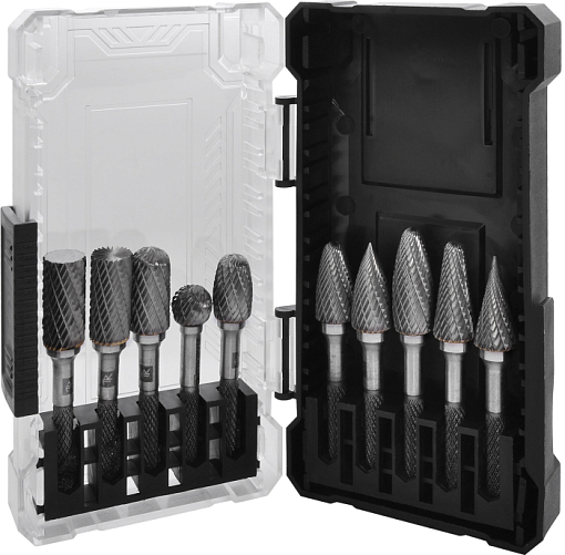 Фото 0 товара Набор борфрез твердосплавных, тип A, B, C, D, E, F, G, H, L, M, 6 мм, двойная насечка, в кейсе, 10 предметов, THORVIK