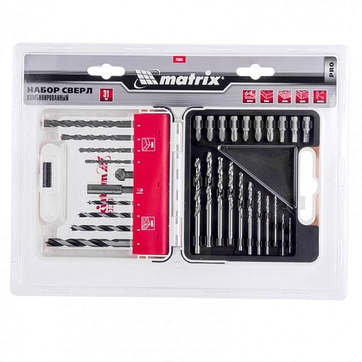 Фото 3 товара Набор сверл комб., мет. 1-6 мм, бет. 4-8 мм, де. 4-8 мм, биты 10 шт., адаптер, зенковка (31 предмет) Pro Matrix