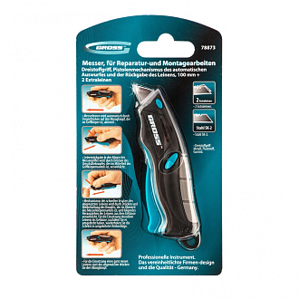 Нож монтажный мини, трехкомп. рукоятка, возврат лезвия, 100 мм, 2 зап. лезвия Gross - фото 4