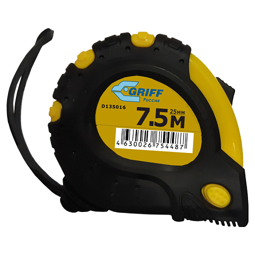 Фото 0 товара Рулетка 7.5мх25мм с 3 фиксаторами, в обрезин. корпусе GRIFF