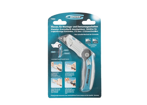 Фото 2 товара Нож монтажныйный, складной, контейнер-держатель для лезвий, 175 мм, 2 зап. лезвия Gross