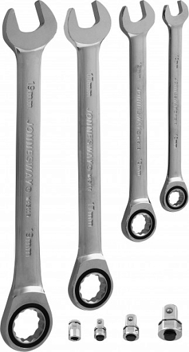 Фото 1 товара Набор ключей гаечных комбинированных трещоточных с аксессуарами на держателе, 10-19 мм, 8 предметов, Jonnesway