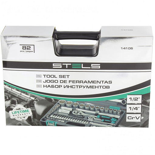 Фото 1 товара Набор инструментов, 1/2, 1/4, CrV, пластиковый кейс, 82 предмета Stels