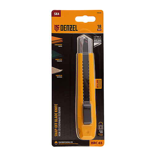 Фото 4 товара Нож, 18 мм, сменное лезвие, SK4, метал. направляющая, клипса, нажимной фиксатор Denzel