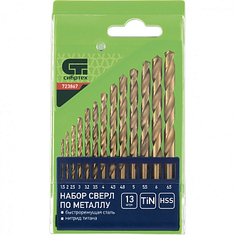 Набор нит.титан сверл по мет., 1,5-6,5 мм. НSS, 13 шт Сибртех - фото 1