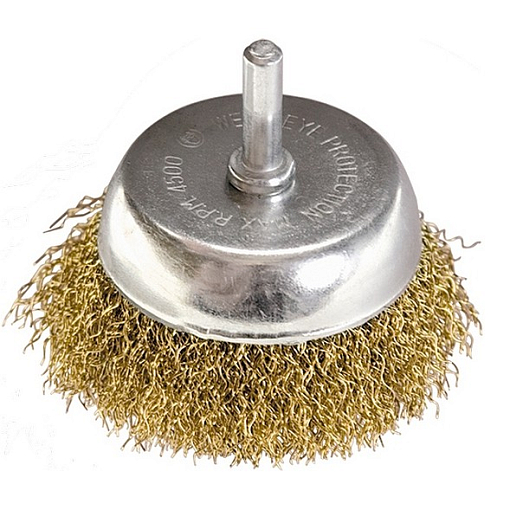 Фото 0 товара Щетка для дрели, 50 мм, "чашка" со шпилькой, латунированная витая проволока Matrix