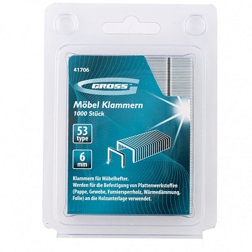 Фото 1 товара Скобы, 6 мм, для мебельного степлера усиленные, тип 53, 1000 шт Gross