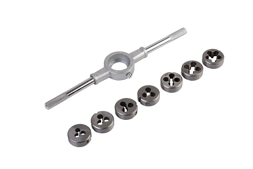 Фото 2 товара Набор метчиков и плашек М3-М12 (40 шт) в металлической коробке, воротки в комплекте