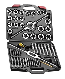 Набор метчиков и плашек М6-М24 (45 шт) в металлической коробке, вороток в комплекте - фото 1