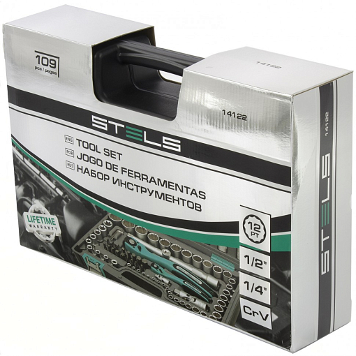 Фото 1 товара Набор инструментов, 1/2, 1/4, CrV, пласт. кейс, 109 пред. двенадцатигранные головки Stels